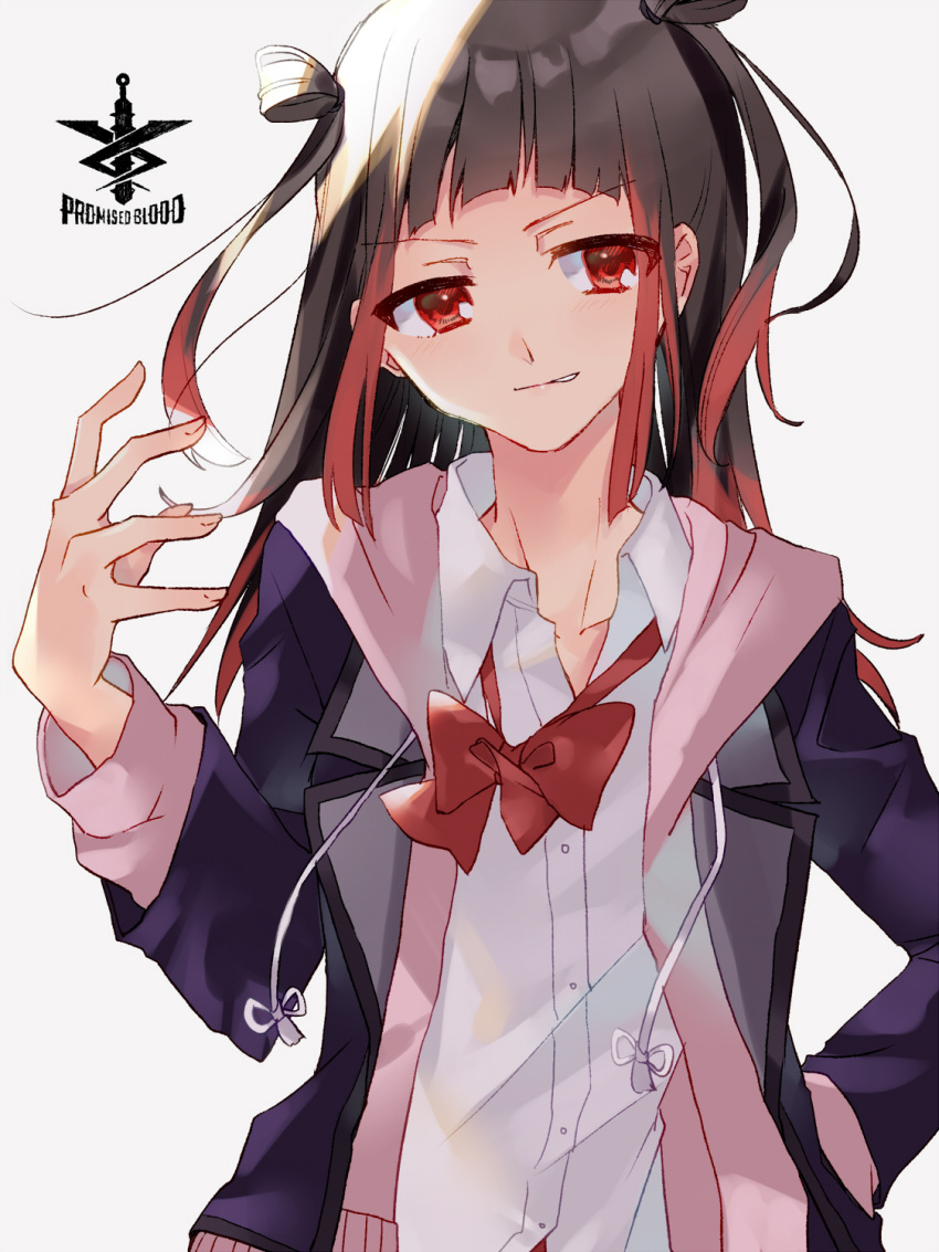 1girl bangs black_hair blunt_bangs hair_rings hand_up highres magia_record:_mahou_shoujo_madoka_magica_gaiden mahou_shoujo_madoka_magica matsuzaka_(matsuzakagyu_29) multicolored_hair ouba_juri red_eyes ribbon school_uniform smile solo white_background