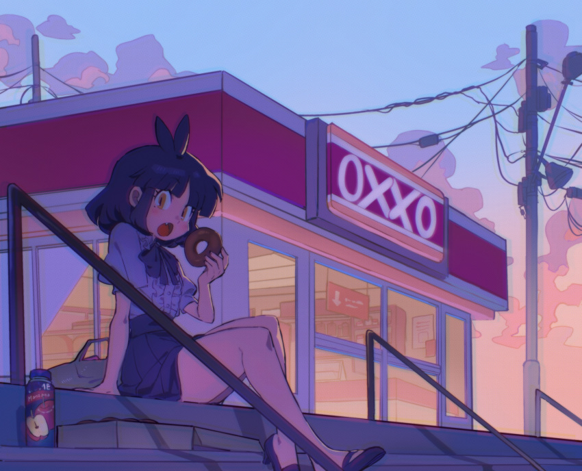 1girl :o akiyoku antenna_hair apple_juice arm_support arrow_(symbol) backlighting bag bangs bare_legs black_bow black_footwear black_hair black_neckwear black_skirt blunt_bangs bow bowtie box building center_frills cityscape clouds cloudy_sky collared_shirt convenience_store doughnut drink dusk eating evening eyebrows_visible_through_hair fang food frilled_shirt frilled_shirt_collar frills from_side full_body glass_door gradient_sky halftone hand_up high-waist_skirt highres holding holding_food juice looking_at_viewer looking_to_the_side mary_janes miniskirt mole mole_under_eye no_socks open_mouth original outdoors pastry_box plastic_bag pleated_skirt power_lines puffy_short_sleeves puffy_sleeves railing scenery shirt shirt_tucked_in shoes shop short_hair short_sleeves sign sitting sitting_on_stairs skirt sky slit_pupils solo stairs thick_thighs thighs utility_pole white_shirt yellow_eyes