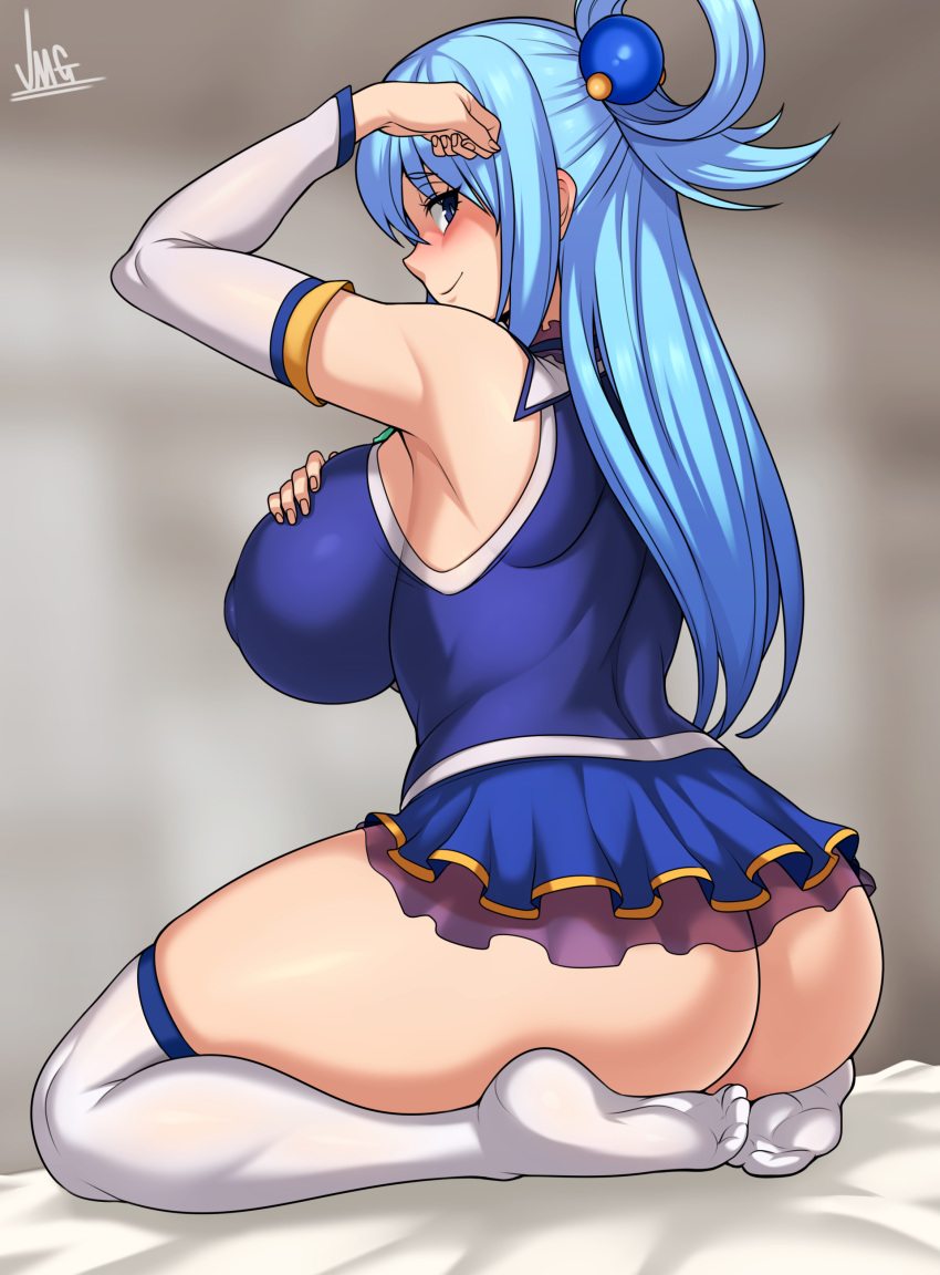 1girl absurdres aqua_(konosuba) ass blue_eyes blue_hair blue_shirt blue_skirt breasts detached_sleeves hair_rings highres jmg kono_subarashii_sekai_ni_shukufuku_wo! large_breasts long_hair miniskirt no_panties seiza shirt sitting skirt smile solo thigh-highs white_legwear