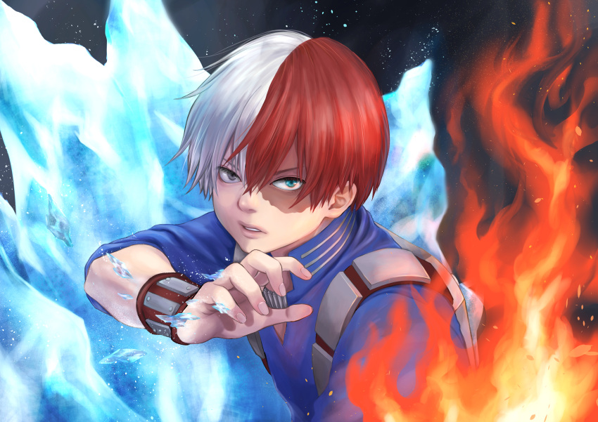 1boy absurdres aqua_eyes boku_no_hero_academia fire grey_eyes heterochromia highres ice jiimusume looking_at_viewer male_focus multicolored_hair parted_lips redhead short_hair solo upper_body white_hair