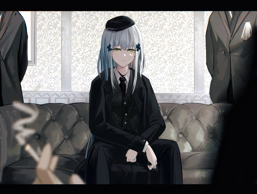 1girl 3others absurdres amamizu_shizuku black_coat black_pants black_vest blue_hair coat collared_shirt commentary_request couch expressionless facial_mark girls_frontline green_eyes hair_ornament hat highres hk416_(girls'_frontline) indoors long_hair long_sleeves looking_at_viewer multiple_others necktie on_couch pants shirt sitting vest white_shirt