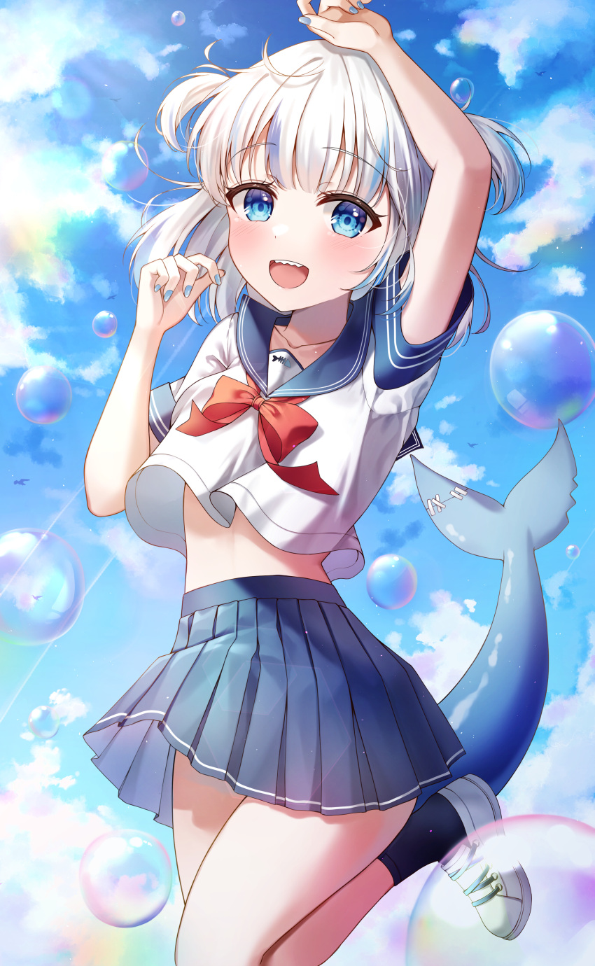 1girl absurdres bangs bingyam blue_eyes blue_hair blunt_bangs fish_tail gawr_gura highres hololive hololive_english looking_at_viewer medium_hair multicolored_hair open_mouth shark_tail sharp_teeth silver_hair sky smile solo streaked_hair tail teeth two_side_up uniform virtual_youtuber white_hair