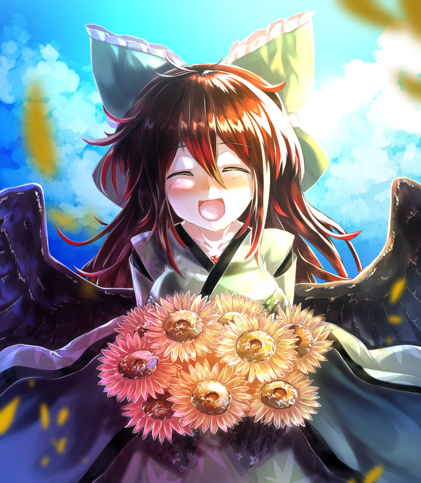 alternate_costume blush bow brown_hair closed_eyes flower hair_bow happy highres japanese_clothes kimono long_hair open_mouth reiuji_utsuho smile sunflower sunyup wings