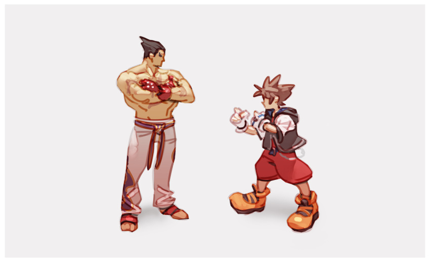 2boys black_hair blue_eyes brown_hair closed_eyes fingerless_gloves gloves highres jewelry kingdom_hearts kingdom_hearts_i male_focus mishima_kazuya multiple_boys muscular necklace nin_nakajima pants red_eyes scar short_hair simple_background sora_(kingdom_hearts) spiky_hair super_smash_bros. tekken thick_eyebrows topless_male