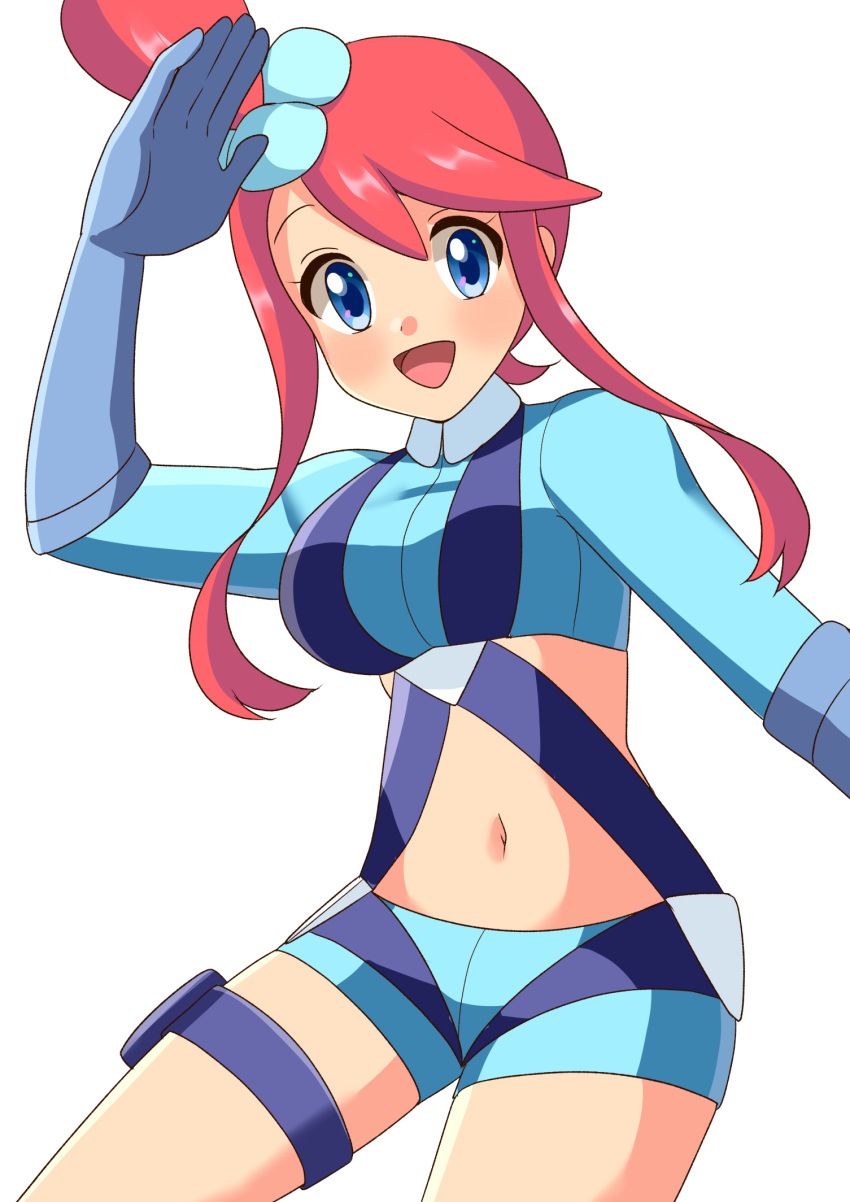 1girl :d arisu_(mikannjs) arm_up bangs blue_eyes blue_gloves blue_jacket blue_shorts blush breasts commentary cropped_jacket gloves hair_ornament highres jacket looking_at_viewer midriff navel one_side_up open_mouth pokemon pokemon_(game) pokemon_bw redhead short_hair_with_long_locks short_shorts shorts sidelocks skyla_(pokemon) smile solo thigh_pouch tied_hair tongue turtleneck