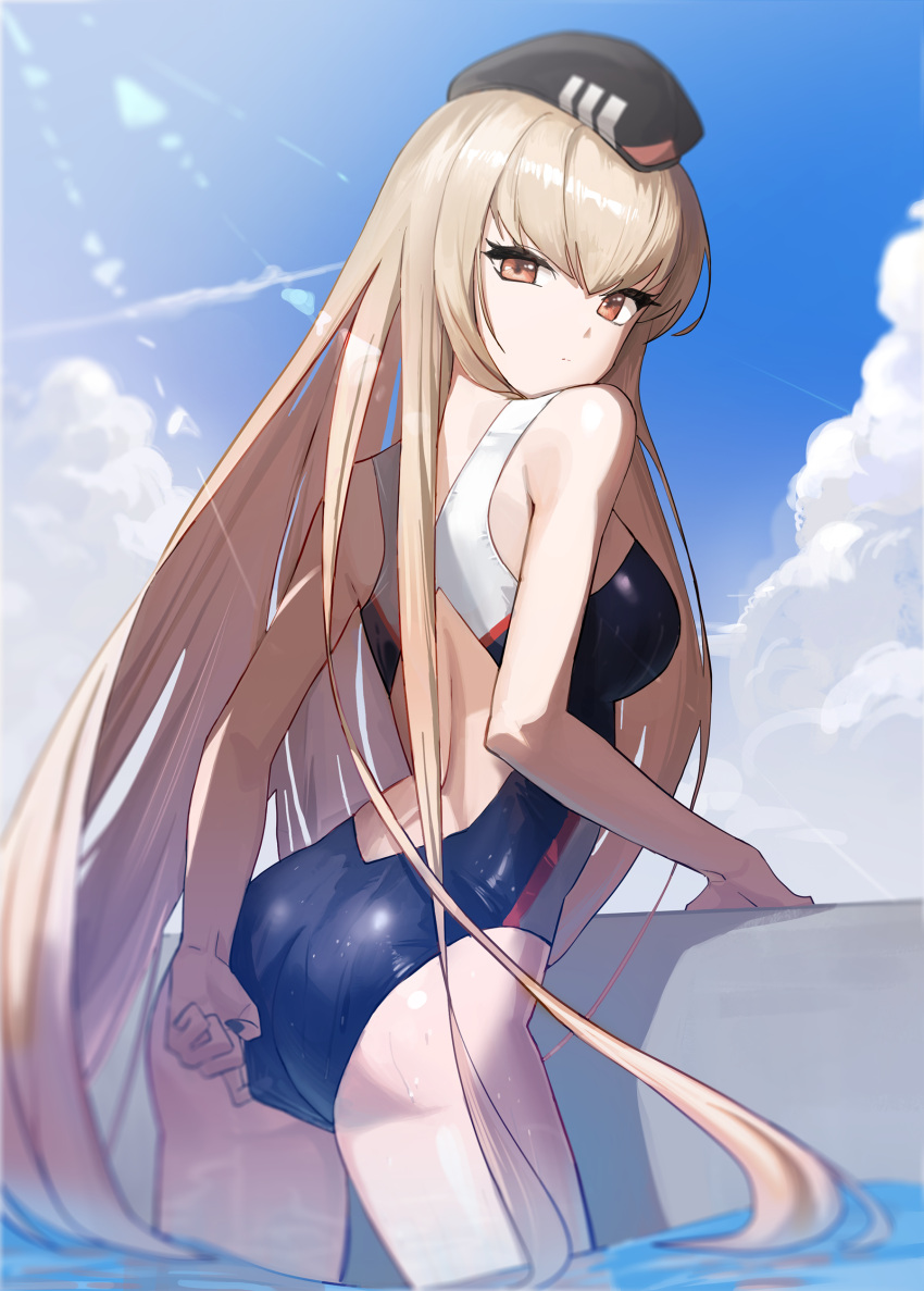 1girl absurdres amebi arched_back ass back_cutout bare_arms bare_shoulders black_headwear black_swimsuit blonde_hair breasts brown_eyes clothing_cutout commission competition_swimsuit copyright_request day hat highres long_hair looking_at_viewer looking_back medium_breasts military_hat one-piece_swimsuit outdoors solo sunlight swimsuit very_long_hair wading water wet