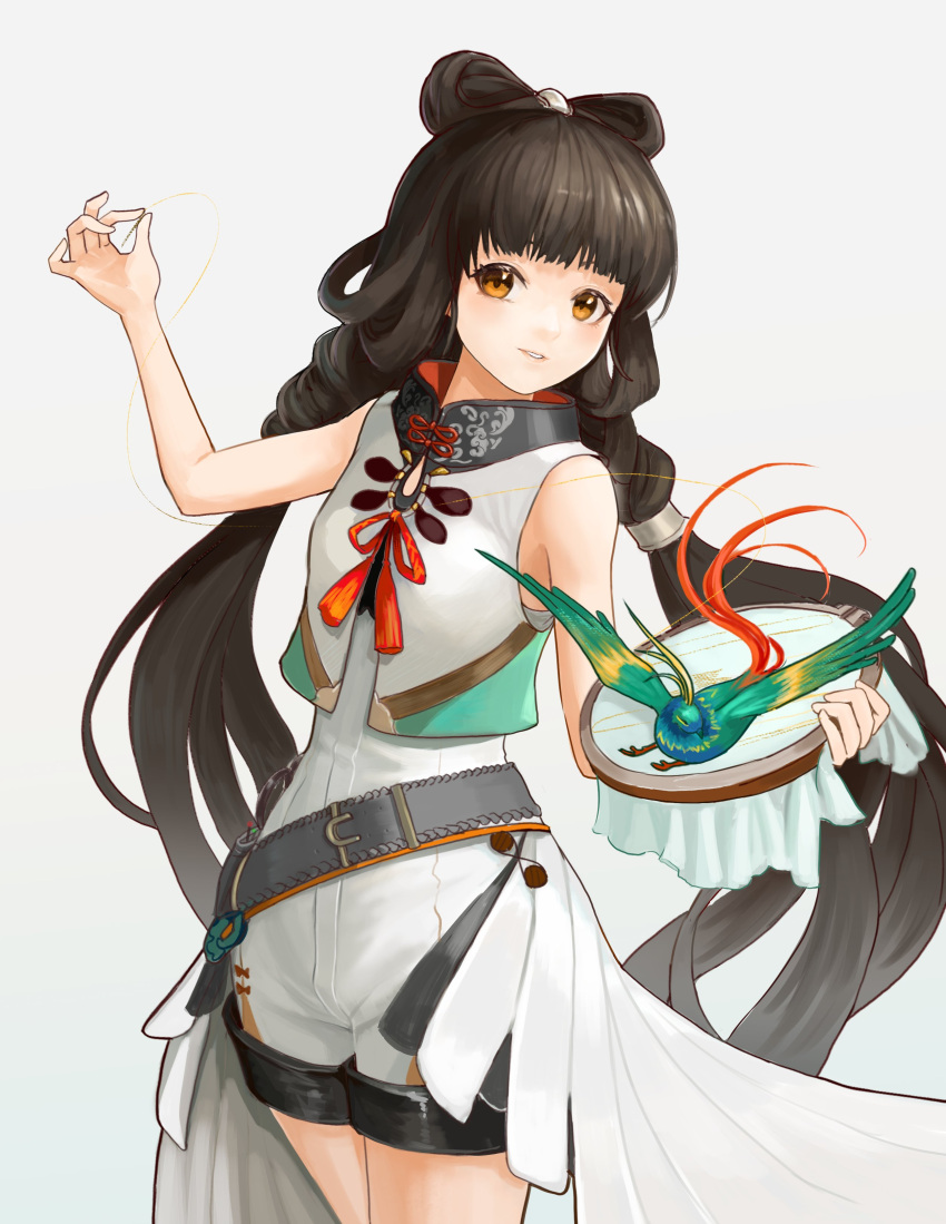 1girl absurdres ahong belt bird brown_hair commentary_request cowboy_shot girls'_frontline_neural_cloud girls_frontline grey_background hair_rings highres holding holding_needle long_hair looking_at_viewer needle needlepoint qbu-88_(girls'_frontline) sewing shorts sleeveless smile solo thread twintails very_long_hair vest yellow_eyes
