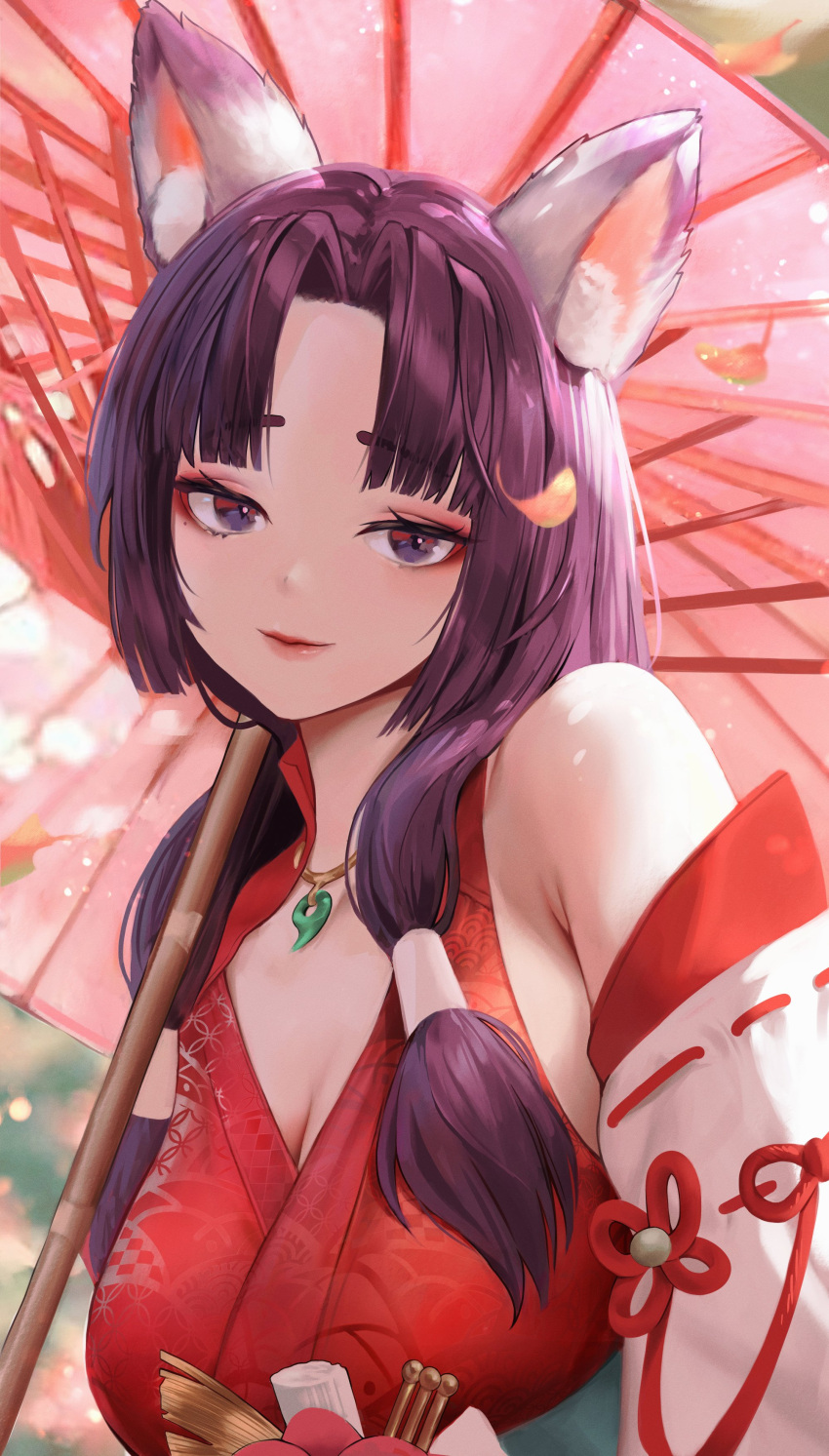 1girl absurdres animal_ear_fluff animal_ears bangs bare_shoulders breasts closed_mouth commentary detached_sleeves eyebrows_visible_through_hair hair_tubes head_tilt highres japanese_clothes kimono large_breasts leaf long_hair looking_at_viewer oil-paper_umbrella original parted_bangs print_kimono purple_hair red_kimono ribbon-trimmed_sleeves ribbon_trim smile solo symbol-only_commentary umbrella underwear violet_eyes yearu_(weid)