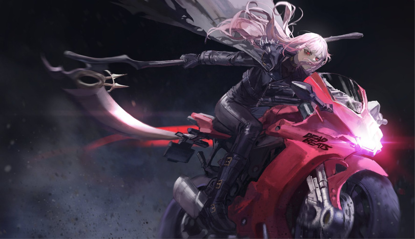1girl bangs black_gloves black_jacket black_pants floating_hair gloves glowing ground_vehicle headlight highres holding holding_scythe hololive hololive_english jacket leather leather_jacket long_hair looking_down mori_calliope motor_vehicle motorcycle pants pink_hair quasarcake red_eyes scythe solo spikes v-shaped_eyebrows virtual_youtuber