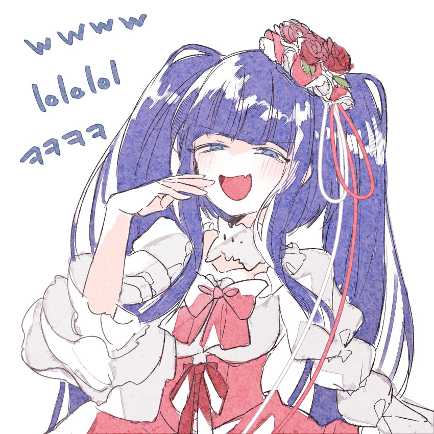 1girl :d bangs blue_eyes blue_hair blunt_bangs blush bow collar commentary_request corset dress eyebrows_visible_through_hair fang flower frilled_collar frilled_shirt_collar frilled_sleeves frills furudo_erika hair_flower hair_ornament half-closed_eyes hand_up highres korean_text laughing long_hair mura_konbane open_mouth pink_bow pink_dress red_flower red_ribbon red_rose ribbon rose sidelocks simple_background skin_fang smile smug solo translation_request twintails umineko_no_naku_koro_ni underbust v-shaped_eyebrows very_long_hair white_background white_dress