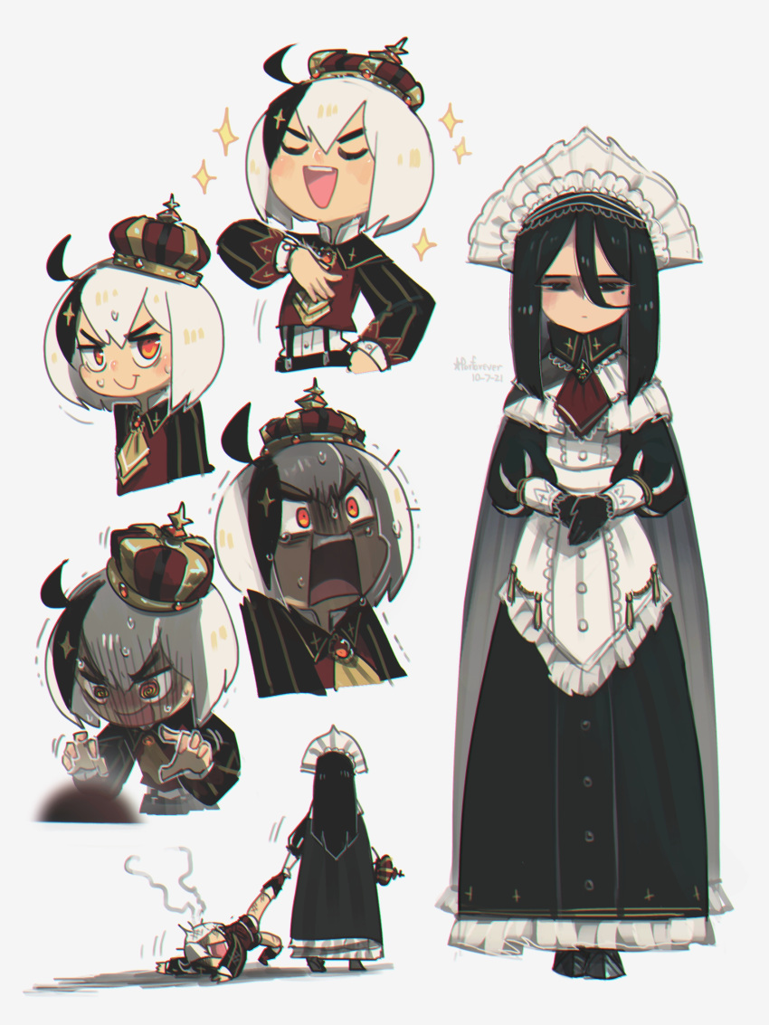1boy 1girl :d @_@ absurdres ahoge ascot bangs black_eyes black_gloves brooch cape commentary crown dragging english_commentary expressionless gloves hair_between_eyes hand_on_own_chest highres jewelry leg_grab long_hair long_sleeves maid maid_headdress mole mole_under_eye multicolored_hair multiple_views open_mouth original porforever puffy_long_sleeves puffy_sleeves rectangular_mouth red_eyes red_neckwear simple_background smile sparkle sweat sweating_profusely thick_eyebrows trembling two-tone_hair u_u white_background white_cape white_hair yellow_neckwear