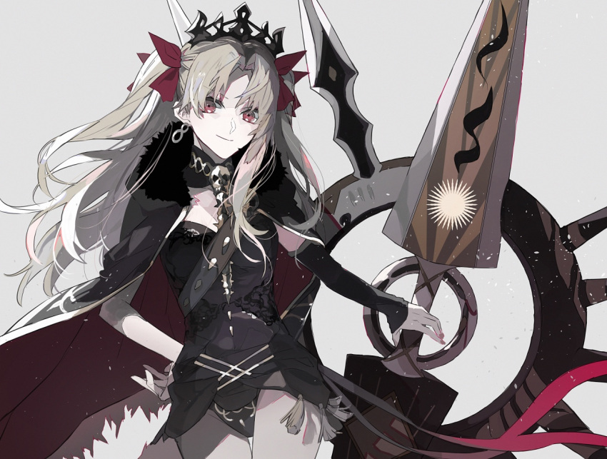 1girl black_cape black_leotard blonde_hair bow cape closed_mouth cowboy_shot crown detached_sleeves earrings ebanoniwa ereshkigal_(fate) fate/grand_order fate_(series) hair_bow jewelry leotard looking_at_viewer red_cape red_eyes simple_background single_detached_sleeve smile solo standing twintails two-sided_cape two-sided_fabric weapon white_background
