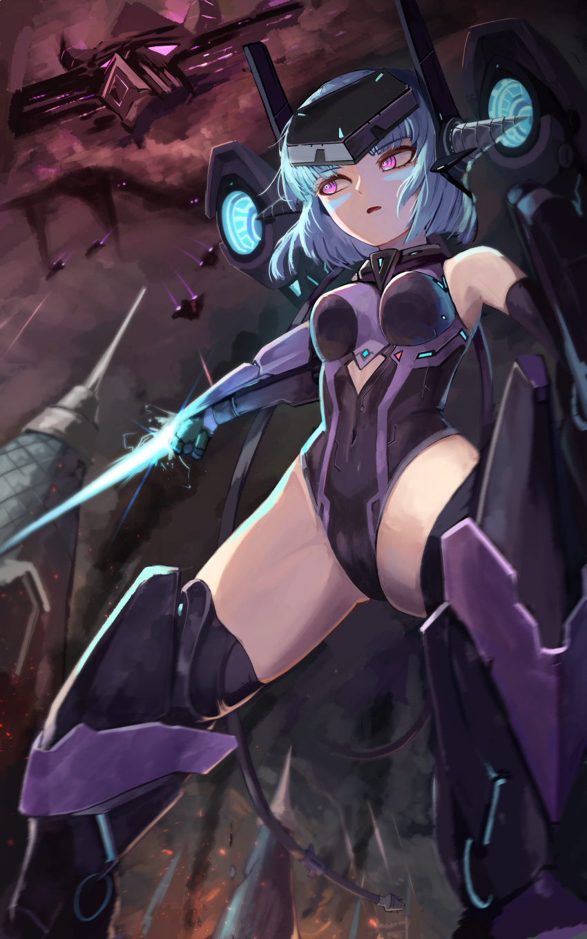 1girl absurdres android android_mk.99 blue_hair breasts burning energy_sword eyebrows_visible_through_hair gloved_handjob guardian_tales hair_ornament highres iver_(reviolet) leotard looking_at_another medium_breasts multicolored multicolored_eyes open_mouth short_hair sleeveless sword war weapon