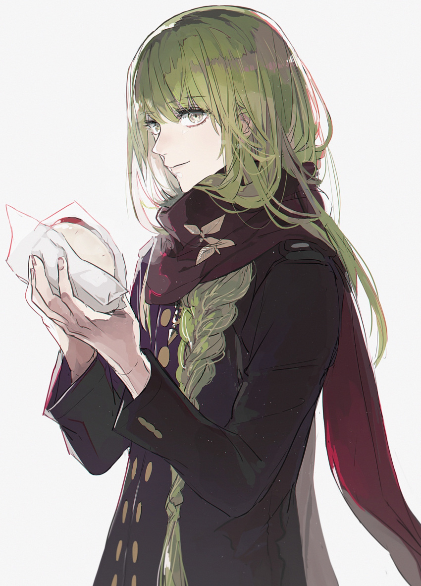 1other androgynous black_coat braid closed_mouth coat ebanoniwa enkidu_(fate) enpera fate/grand_order fate_(series) food green_hair grey_eyes highres holding holding_food long_hair long_sleeves looking_at_viewer red_scarf scarf simple_background smile white_background