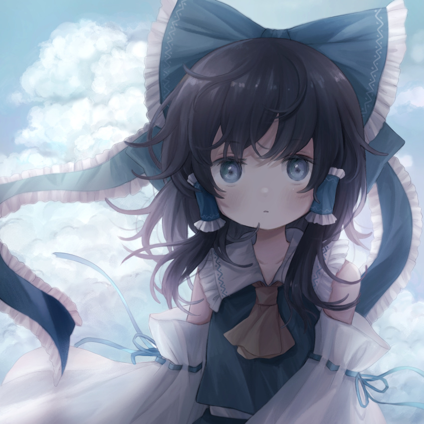 1girl alternate_color bangs bare_shoulders black_hair blue_bow blue_eyes blue_shirt blue_skirt blue_sky blush bow clouds cloudy_sky collar collared_shirt detached_sleeves eyebrows_visible_through_hair hair_between_eyes hair_ornament hair_tubes hakurei_reimu highres long_sleeves looking_at_viewer open_mouth player_2 shadow shirt short_hair skirt sky solo touhou upper_body user_dpzr3725 white_sleeves wide_sleeves