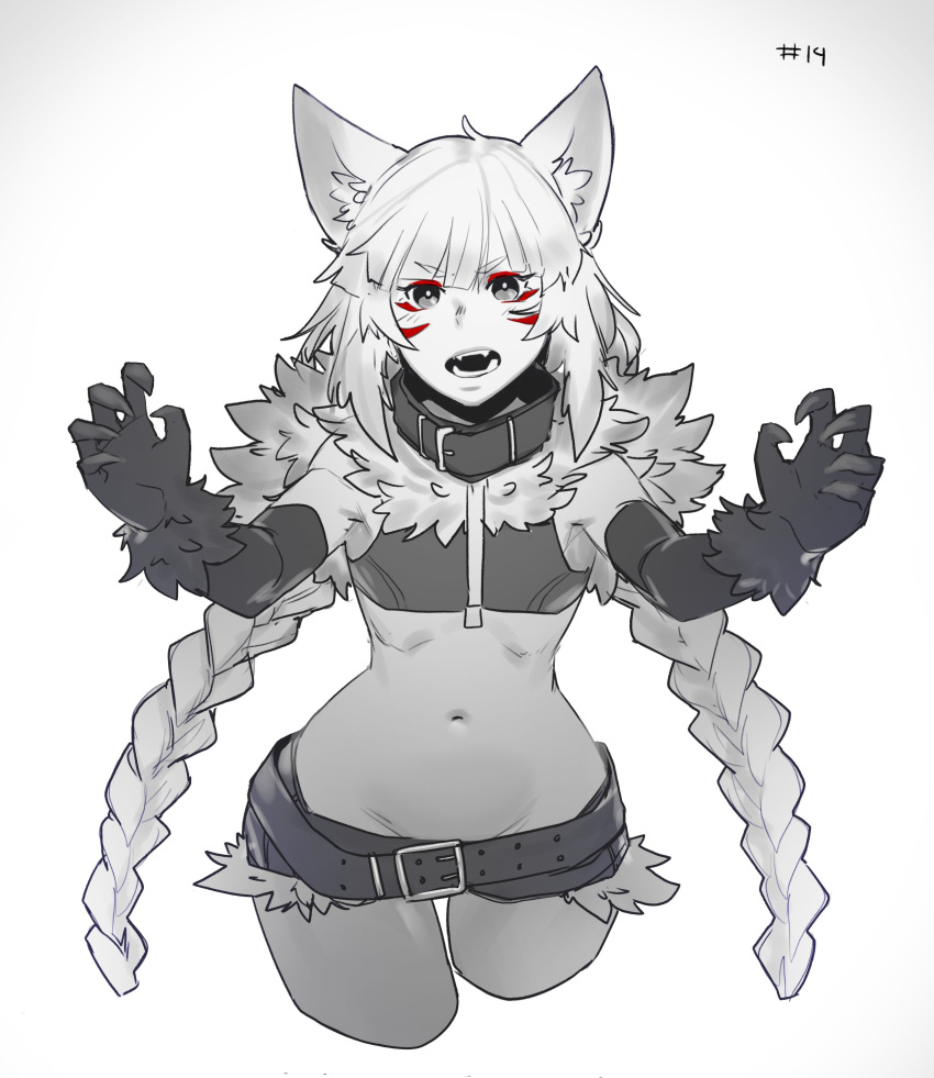 1girl absurdres animal_ear_fluff animal_ears bangs belt black_gloves braid claw_pose collar commentary cowboy_shot crop_top cropped_legs elbow_gloves facial_mark fangs fur_collar gloves greyscale groin highres less long_braid long_hair looking_at_viewer micro_shorts midriff monochrome navel open_mouth original shorts simple_background solo spot_color twin_braids very_long_hair whisker_markings