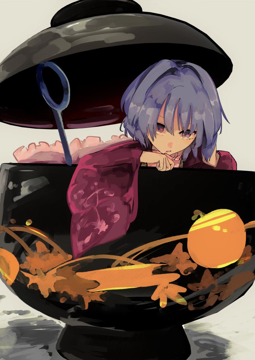 1girl absurdres bowl commentary_request grey_background hair_between_eyes hand_on_own_head highres in_bowl in_container long_sleeves looking_at_viewer minigirl no_hat no_headwear open_mouth purple_hair solo sukuna_shinmyoumaru totopepe888 touhou violet_eyes wide_sleeves