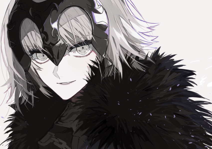 1girl cape ebanoniwa fate/grand_order fate_(series) fur_cape grey_eyes grey_hair headpiece jeanne_d'arc_(alter)_(fate) jeanne_d'arc_(fate) looking_at_viewer parted_lips sanpaku simple_background smile solo upper_body white_background