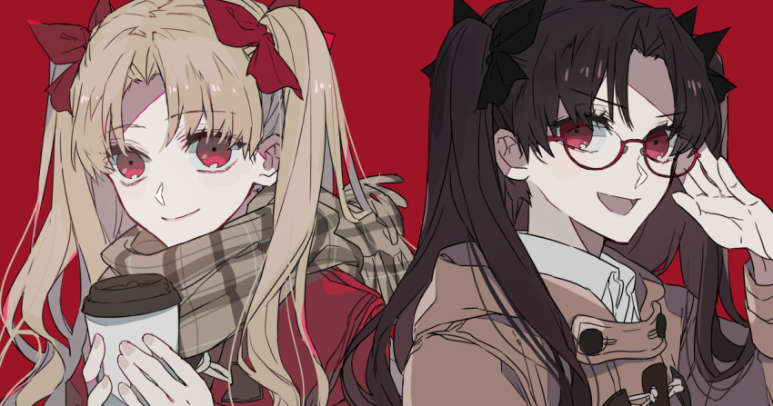 2girls :d adjusting_eyewear blonde_hair bow brown_coat closed_mouth coat cup ebanoniwa ereshkigal_(fate) fate/grand_order fate_(series) glasses grey_scarf hair_bow holding holding_cup ishtar_(fate) looking_at_viewer multiple_girls open_mouth red-framed_eyewear red_background red_bow red_eyes scarf semi-rimless_eyewear simple_background smile smug under-rim_eyewear