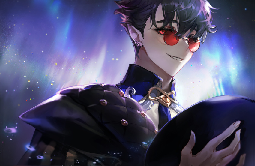 1boy alchemy_stars black_hair earrings glasses hat hat_removed headwear_removed holding holding_clothes holding_hat jewelry kleken_(alchemy_stars) looking_at_viewer mocca_(mocca_nine) pointy_ears red-tinted_eyewear red_eyes round_eyewear short_hair smile solo tinted_eyewear