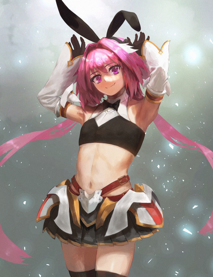 1boy absurdres astolfo_(fate) astolfo_(saber)_(fate) bangs black_gloves black_legwear blush bow bowtie detached_sleeves fate/grand_order fate_(series) gloves hair_bow hair_intakes hair_ribbon highres long_hair looking_at_viewer low_twintails male_focus multicolored_hair otoko_no_ko pink_hair ribbon skirt smile solo streaked_hair twintails violet_eyes white_hair wide_sleeves