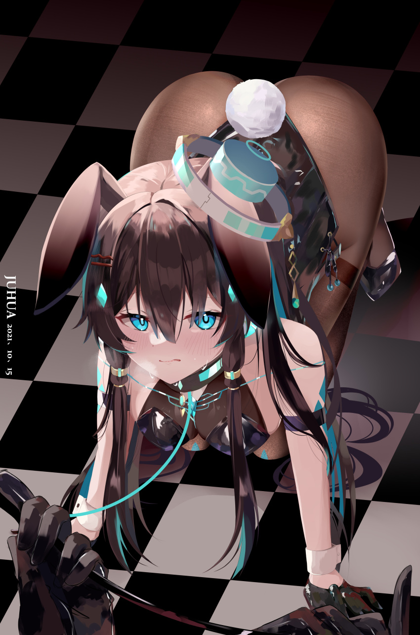 1girl absurdres all_fours animal_ears arm_strap artist_name ass black_gloves black_leotard breasts brown_hair brown_legwear checkered checkered_floor chinese_commentary collar commentary_request copyright_request fake_tail full_body gloves hair_ornament hairclip halo highres juhua_(juhua0v0) leash leotard medium_breasts pantyhose playboy_bunny pov rabbit_ears rabbit_tail riding_crop sidelocks solo_focus tail thighband_pantyhose