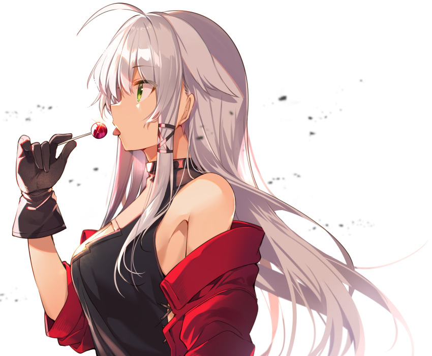 1girl absurdres anceril_sacred bangs bare_shoulders black_gloves breasts candy food gloves green_eyes highres holding jacket lollipop long_hair mishima_kurone neckwear open_mouth original red_jacket silver_hair solo tongue tongue_out white_background
