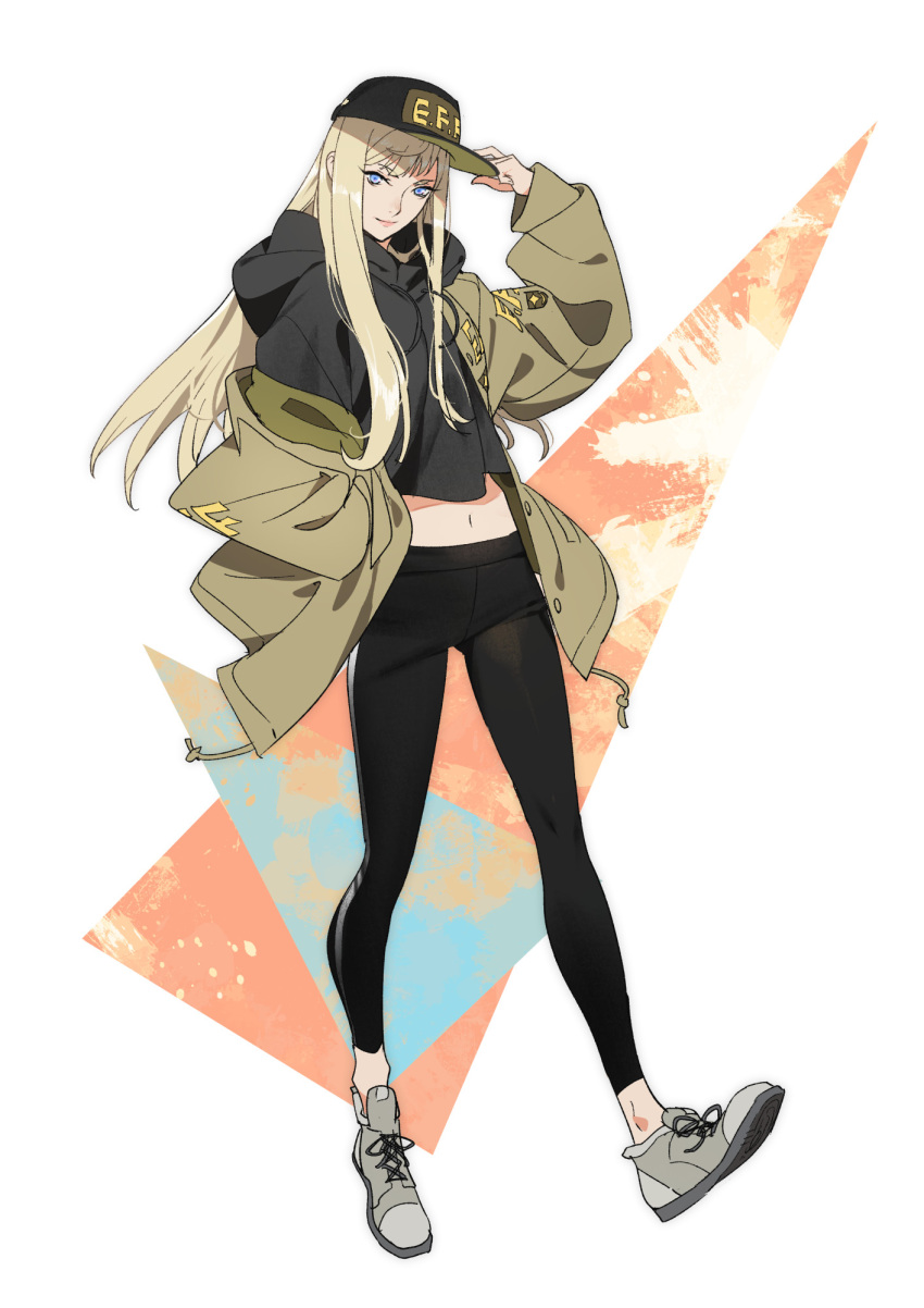 1girl baseball_cap black_hoodie black_pants blonde_hair blue_eyes closed_mouth full_body grey_footwear hat highres hood hood_down hoodie jacket leggings long_hair long_sleeves looking_at_viewer midriff navel open_clothes open_jacket original pants ryota-h shoes smile solo