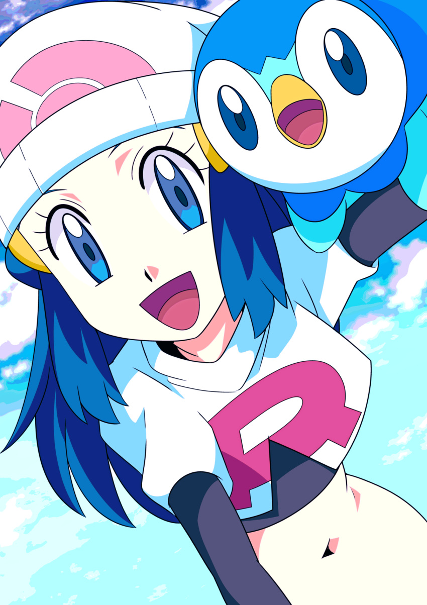 1girl :d beanie black_gloves blue_eyes blue_hair clouds commentary_request cosplay hikari_(pokemon) day elbow_gloves eyelashes gloves hainchu hair_ornament hairclip hat highres jacket jessie_(pokemon) jessie_(pokemon)_(cosplay) long_hair looking_at_viewer navel open_mouth outdoors piplup pokemon pokemon_(anime) pokemon_(creature) pokemon_dppt_(anime) sky smile team_rocket team_rocket_uniform tongue white_headwear white_jacket