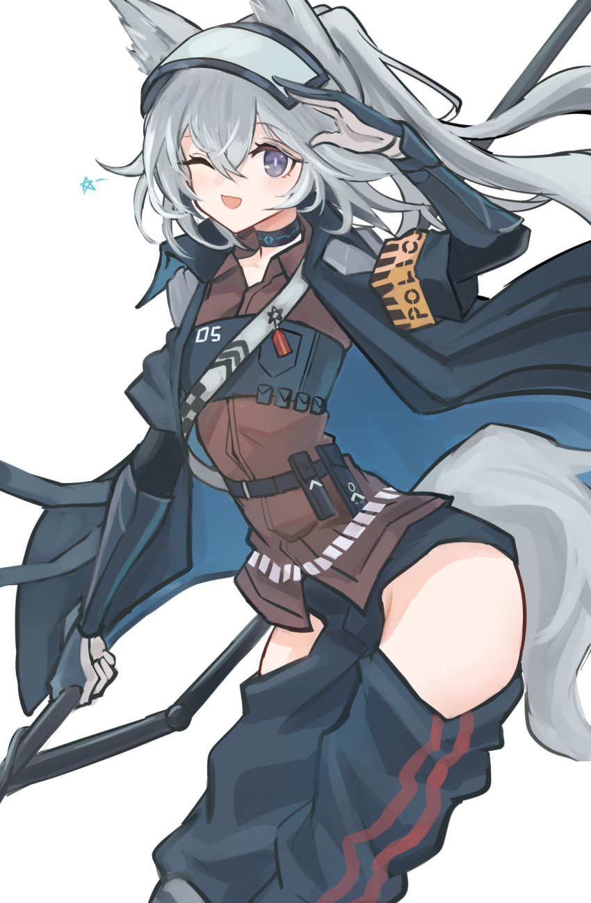 1girl ;d animal_ears arknights armband bangs black_choker black_coat black_gloves black_pants brown_shirt choker coat commentary cowboy_shot eyebrows_visible_through_hair flat_chest gloves grani_(arknights) grey_eyes hair_between_eyes highres hip_vent holding holding_polearm holding_weapon horse_ears horse_tail infection_monitor_(arknights) looking_at_viewer medium_hair one_eye_closed open_clothes open_coat open_mouth pants polearm police police_uniform ponytail salute shino_duka shirt simple_background smile solo spear star_(symbol) tail uniform visor_cap weapon white_background