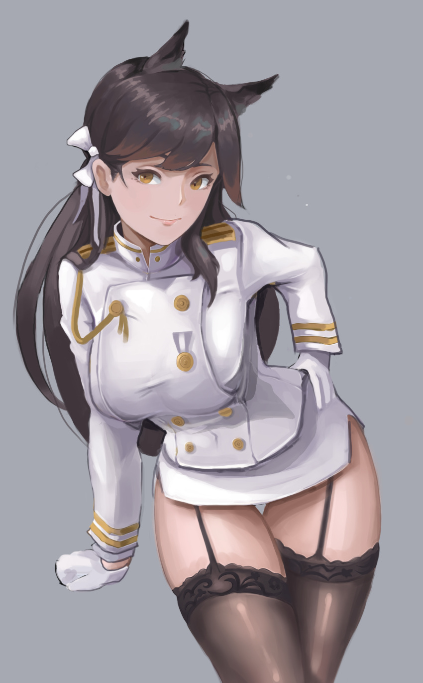 1girl absurdres animal_ears atago_(azur_lane) azur_lane black_legwear bow brown_hair closed_mouth eyebrows_visible_through_hair feet_out_of_frame garter_straps gloves hair_bow hand_on_hip highres jonbur_man long_hair looking_at_viewer simple_background smile solo standing thigh-highs uniform white_gloves yellow_eyes