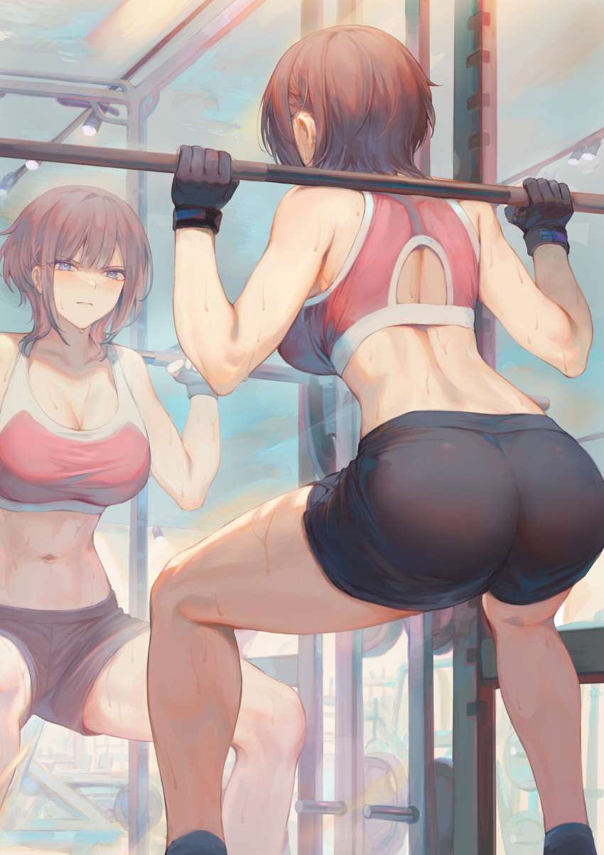 1girl abs ass blue_eyes blush breasts brown_hair exercise fingerless_gloves gloves highres large_breasts looking_at_viewer mashuu_(neko_no_oyashiro) mirror original short_hair shorts solo squatting sweat track_lighting