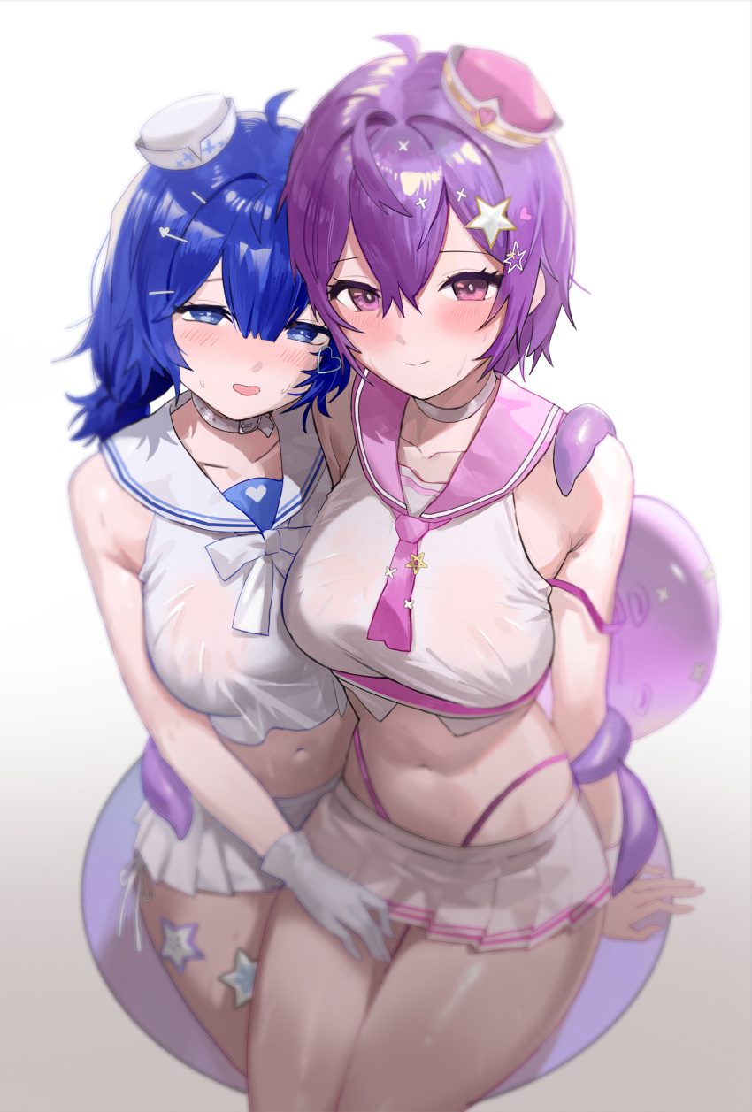 2girls absurdres ahoge amebi bare_arms bare_shoulders blue_eyes blue_hair blurry bow bowtie bra_strap breasts check_copyright choker collarbone commission copyright_request crop_top gloves hair_ornament hairclip hand_on_another's_thigh hat highleg highres large_breasts long_hair looking_at_viewer midriff mini_hat miniskirt multiple_girls navel octopus open_mouth original pleated_skirt purple_hair revealing_clothes sailor_collar shirt short_hair sitting skirt sleeveless sleeveless_shirt smile star_(symbol) star_hair_ornament stomach strap_slip sweat thighs thong violet_eyes wet wet_clothes wet_shirt white_choker white_gloves white_shirt white_skirt
