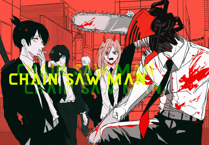 2boys 3girls :d black_pants blood blood_on_clothes blood_splatter braid chainsaw chainsaw_man cigarette clenched_hands closed_mouth collared_shirt denji_(chainsaw_man) ebanoniwa eyepatch hair_between_eyes hair_over_one_eye hand_up hayakawa_aki_(chainsaw_man) himeno_(chainsaw_man) horns jacket long_hair makima_(chainsaw_man) multiple_boys multiple_girls necktie one_eye_covered open_mouth pants pink_hair power_(chainsaw_man) red_eyes sharp_teeth shirt smile smoke smoking teeth topknot upper_teeth weapon weapon_on_back wing_collar