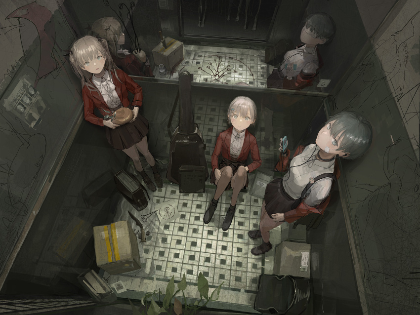 3girls blindfold character_request digital_media_player earphones elevator guitar_case highres instrument_case ipod knife looking_at_another magic_circle missing_poster multiple_girls paindude plant reflection scenery school_uniform scissors scp-2317 scp_foundation short_hair twintails