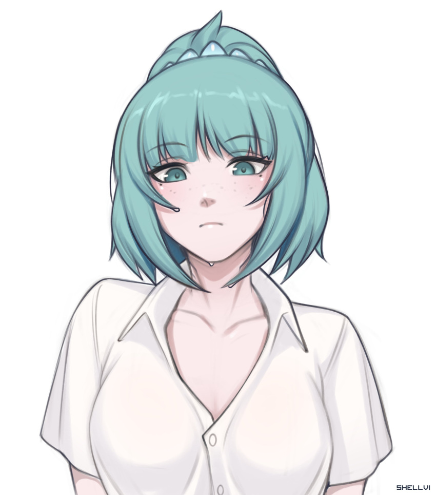 1girl absurdres artist_name closed_mouth collared_shirt copyright_request freckles green_hair highres looking_at_viewer medium_hair shellvi shirt short_sleeves simple_background solo upper_body wet white_background white_shirt wing_collar