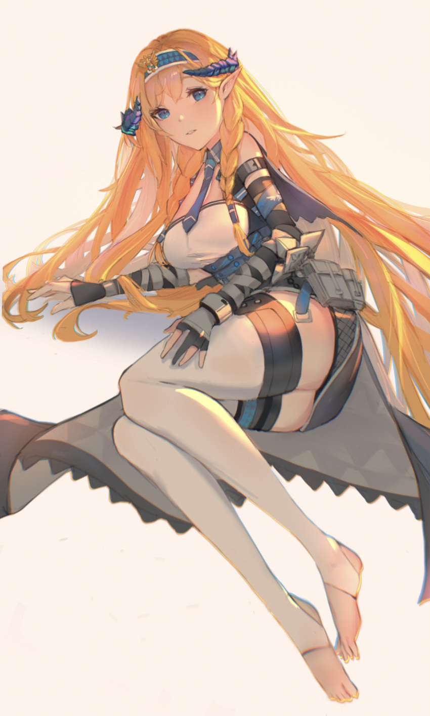 1girl arknights arm_support bangs bare_shoulders belt_pouch black_gloves black_skirt blonde_hair blue_eyes blue_hairband blue_neckwear blush braid breasts corset detached_collar dragon_horns drone_(drone_37) elbow_gloves emblem eyebrows_visible_through_hair gloves hairband highres horns long_hair lying medium_breasts miniskirt necktie no_shoes on_side parted_lips partially_fingerless_gloves pouch saileach_(arknights) simple_background skirt smile solo stirrup_legwear thigh-highs toeless_legwear twin_braids underbust very_long_hair white_background white_legwear