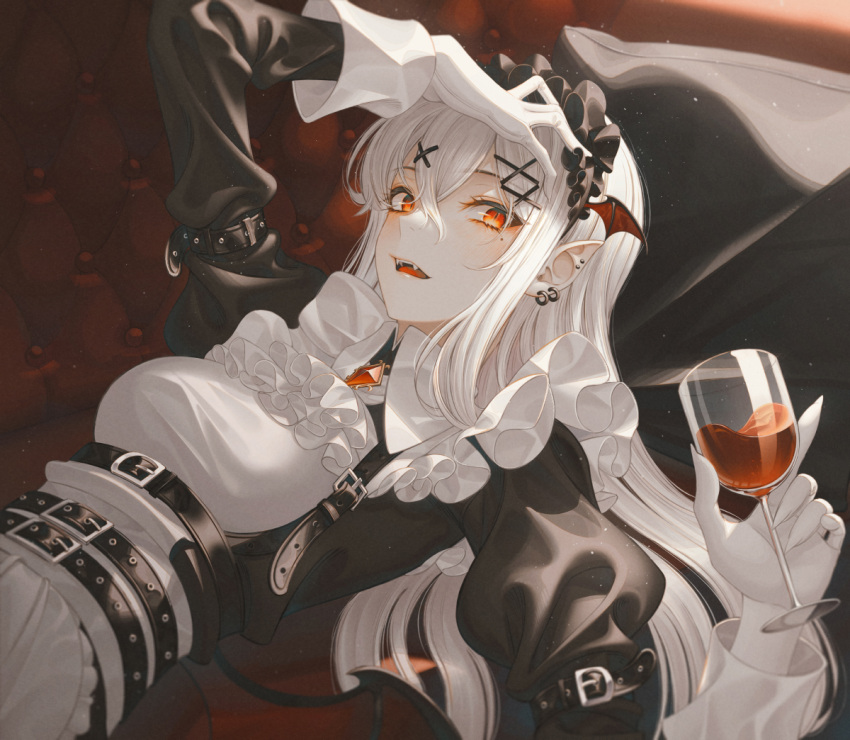 1girl alcohol bangs belt character_request copyright_request couch cup drinking_glass fangs frills gloves looking_at_viewer loose_clothes lying maid maid_headdress medium_hair on_back on_couch open_mouth pillow red_eyes white_hair wine wine_glass yuka865
