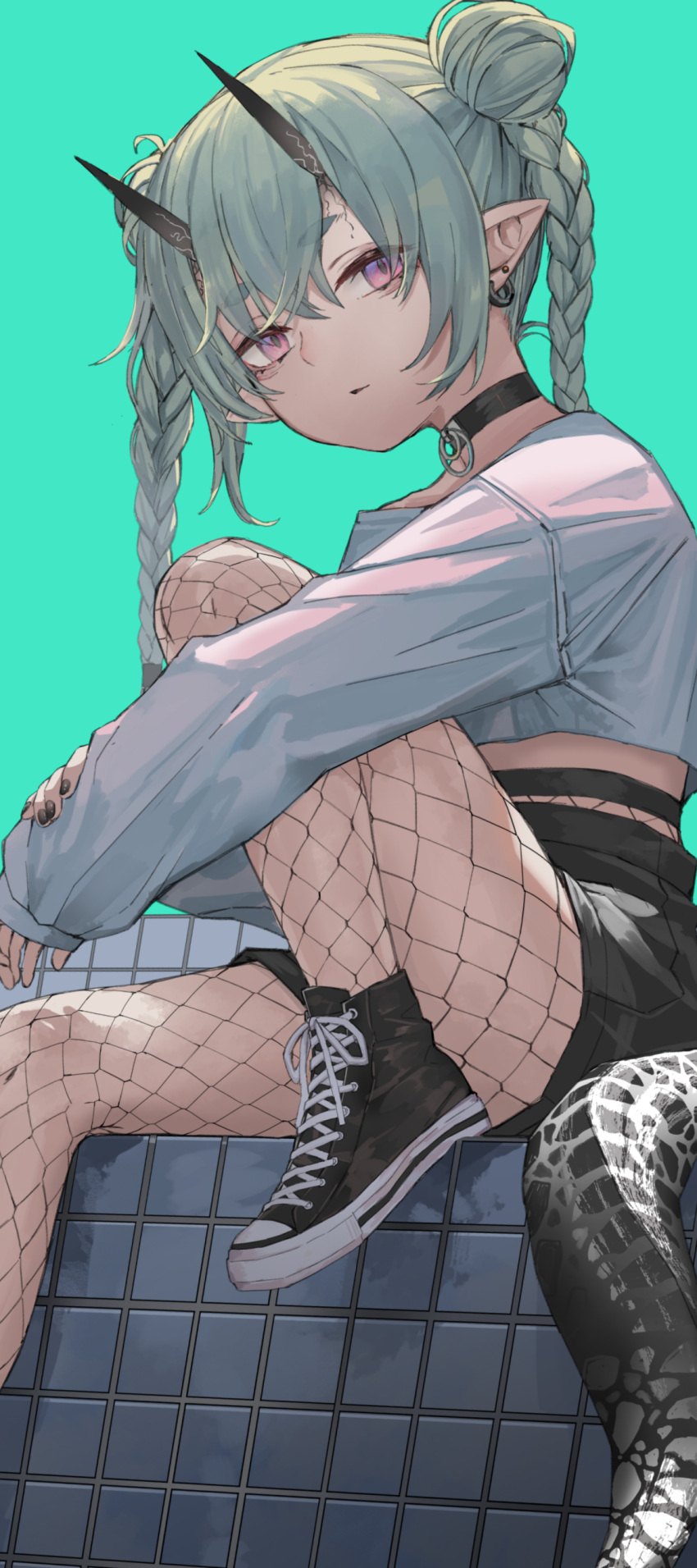 1girl :| absurdres bangs black_choker black_footwear braid choker closed_mouth commentary_request crop_top double_bun fishnet_legwear fishnets foot_out_of_frame from_below green_background green_hair hair_between_eyes hand_on_own_wrist highres horns knee_up long_sleeves looking_at_viewer metsurin original pink_eyes shirt shoelaces shoes simple_background sitting sneakers solo tail thick_eyebrows tile_wall tiles twin_braids white_shirt