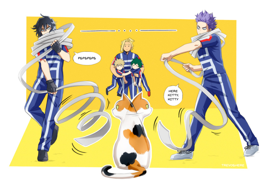 ... 5boys alternate_universe animal artist_name bakugou_katsuki bangs black_footwear black_hair blonde_hair blue_eyes blue_hair blue_pants blue_shirt boku_no_hero_academia cat english_text eraser_head_(boku_no_hero_academia) full_body gloves green_hair grey_footwear grey_hair grey_scarf highres male_focus midoriya_izuku multiple_boys orange_background pants purple_hair red_shirt scarf shinsou_hitoshi shirt shoes short_sleeves solid_oval_eyes trevo_(trevoshere) u.a._gym_uniform v-shaped_eyebrows white_background white_pants yagi_toshinori yellow_background