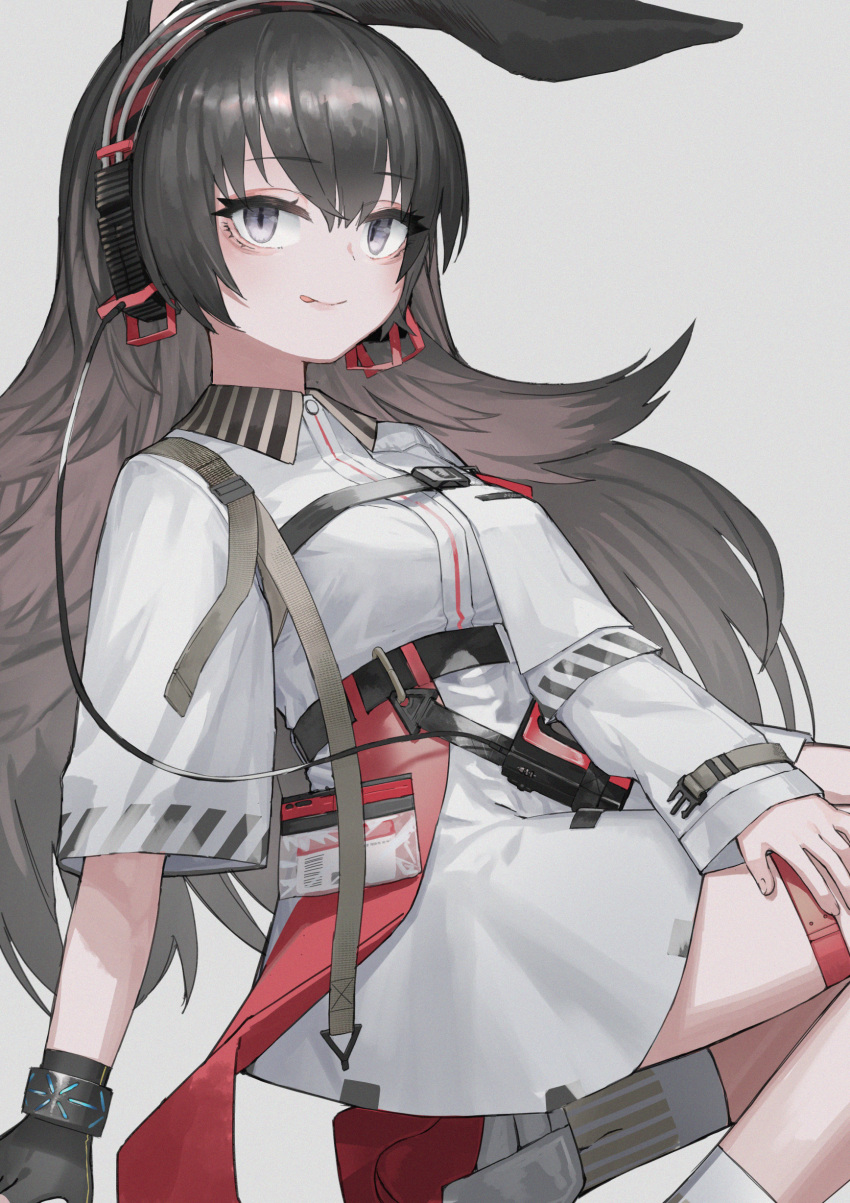 1girl :p absurdres animal_ears april_(arknights) arknights asymmetrical_sleeves bangs belt black_belt black_gloves black_hair buttons closed_mouth collared_dress commentary dress english_commentary eyebrows_visible_through_hair feet_out_of_frame fingerless_gloves gloves grey_eyes highres long_hair long_sleeves looking_at_viewer metsurin multicolored multicolored_clothes multicolored_headwear rabbit_ears rabbit_girl sanpaku sidelocks simple_background single_fingerless_glove smile socks solo tongue tongue_out uneven_sleeves white_background white_dress white_footwear white_legwear white_sleeves wristband
