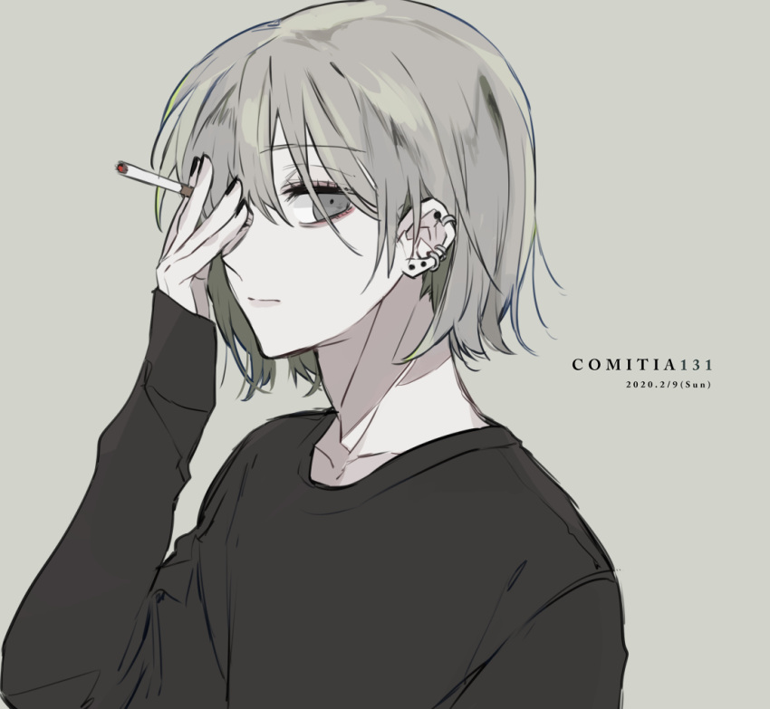 1girl black_shirt cigarette closed_mouth earrings ebanoniwa grey_background grey_eyes holding holding_cigarette jewelry long_sleeves looking_at_viewer original shirt simple_background solo upper_body