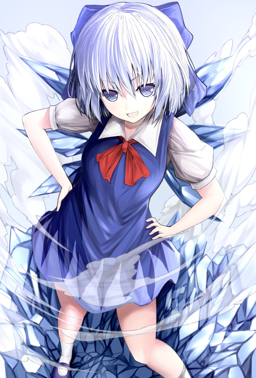 1girl amazaki_ria bangs black_footwear blue_bow blue_dress blue_eyes blue_footwear blue_hair bow bowtie breasts cirno collared_shirt commentary_request dress eyebrows_visible_through_hair fang full_body hair_bow hands_on_hips highres ice ice_wings looking_at_viewer mary_janes one_eye_closed open_mouth pinafore_dress red_bow red_neckwear shirt shoes short_eyebrows short_hair short_sleeves small_breasts solo standing steam touhou v-shaped_eyebrows white_shirt wing_collar wings