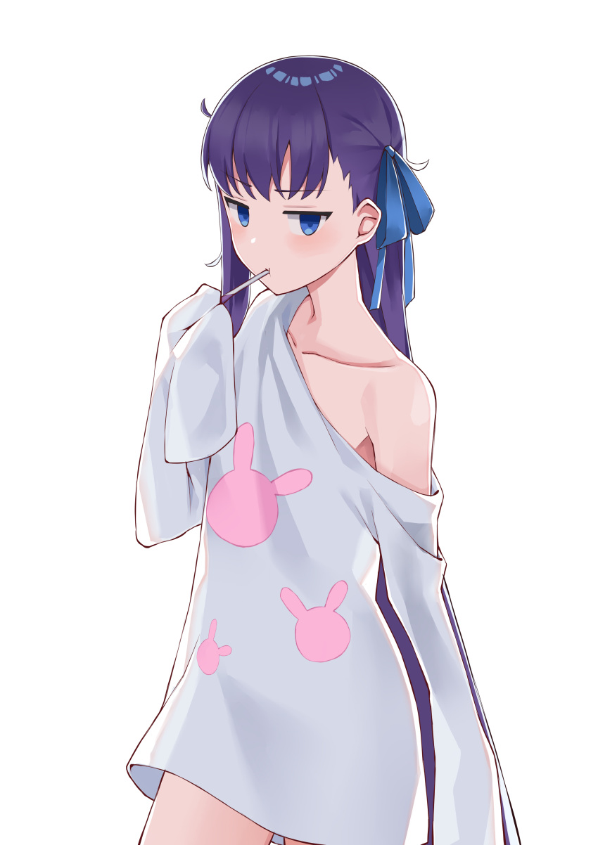 1girl absurdres bangs blue_eyes blue_ribbon blush breasts collarbone fate/extra fate/extra_ccc fate/grand_order fate_(series) highres long_hair long_sleeves looking_at_viewer meltryllis_(fate) pillow_(blackpirou) purple_hair ribbon shirt sleeves_past_fingers sleeves_past_wrists small_breasts solo white_shirt