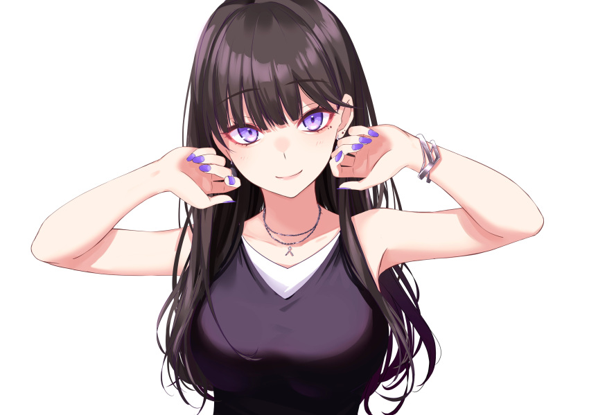 1girl :d absurdres bangs bare_shoulders black_shirt blunt_bangs blush breasts brown_hair closed_mouth collarbone commentary_request earrings eyebrows_visible_through_hair fingernails hands_up highres ichiki_1 jewelry large_breasts long_fingernails long_hair looking_at_viewer mole mole_under_eye nail_polish necklace open_mouth original portrait purple_nails shirt simple_background smile solo stud_earrings teeth upper_teeth violet_eyes white_background white_shirt