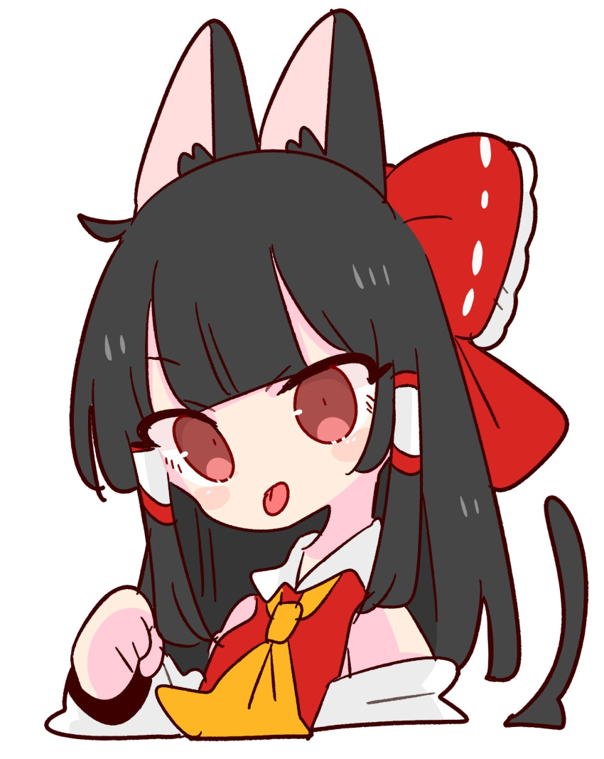 1girl animal_ears ascot black_hair bow cat_ears cat_tail collar detached_sleeves hair_bow hair_tubes hakurei_reimu highres long_hair nontraditional_miko op_na_yarou paw_pose red_bow red_eyes red_shirt ribbon_trim shirt sidelocks simple_background sleeveless solo tail touhou upper_body white_background white_collar yellow_neckwear