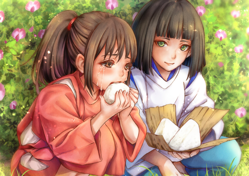 1boy 1girl bangs blunt_bangs brown_eyes brown_hair crying crying_with_eyes_open derivative_work eating flower food green_eyes haku_(sen_to_chihiro_no_kamikakushi) japanese_clothes kimono kodue55 ogino_chihiro onigiri outdoors ponytail screencap_redraw sen_to_chihiro_no_kamikakushi sitting squatting tears