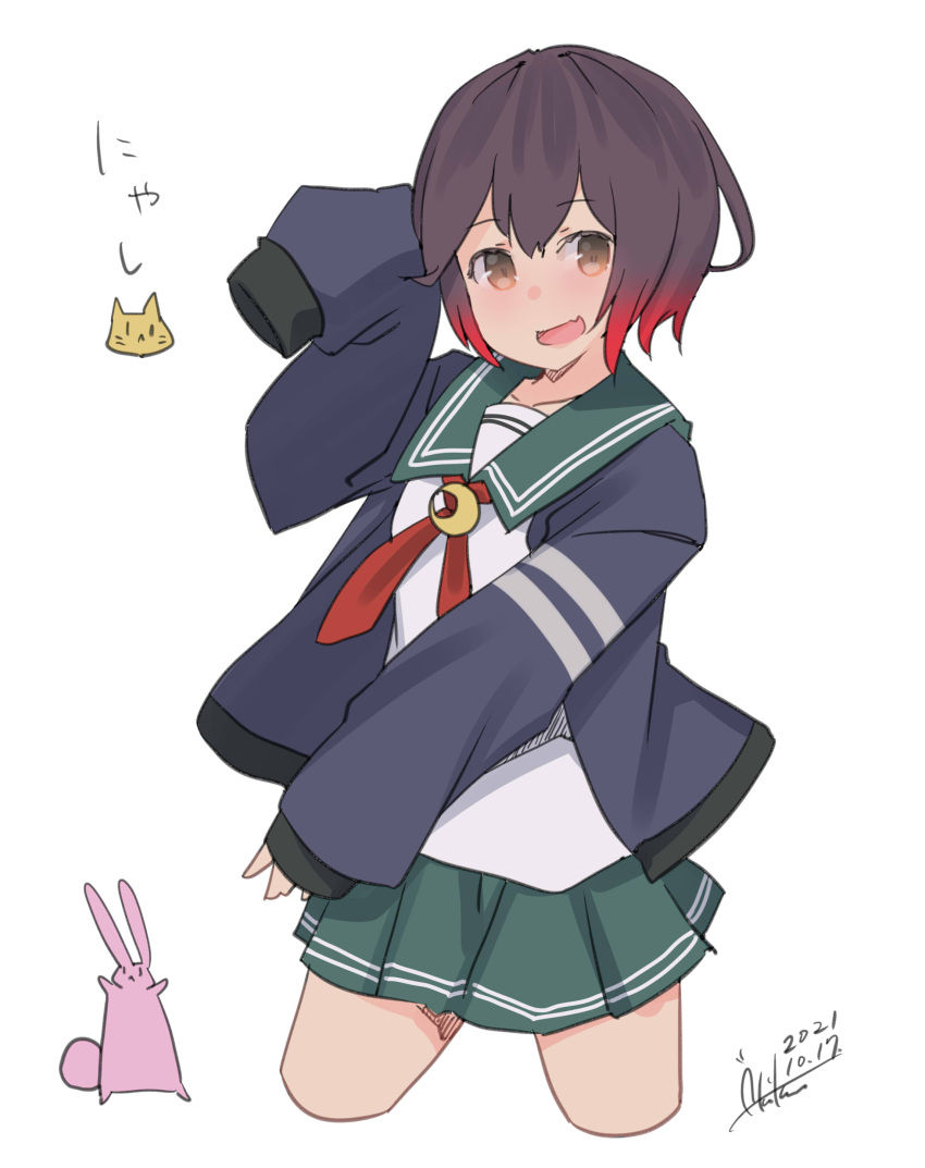 1girl absurdres animal_print blue_jacket blush brown_eyes brown_hair cat_print commentary_request cowboy_shot crescent dated eyebrows_visible_through_hair gradient_hair green_sailor_collar green_skirt highres inica jacket kantai_collection multicolored_hair mutsuki_(kancolle) necktie open_mouth pleated_skirt rabbit red_neckwear sailor_collar school_uniform serafuku short_hair signature simple_background skirt solo uniform white_background