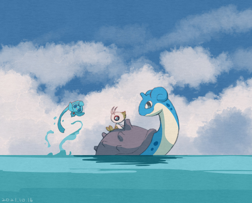 bright_pupils celebi closed_mouth clouds commentary_request dated day lapras leels no_humans outdoors phione pokemon pokemon_(creature) riding riding_pokemon sitting sky water white_pupils