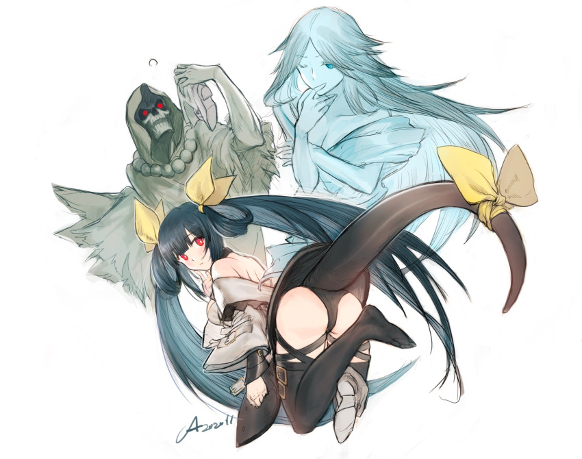 1boy 2girls angel_wings ass asymmetrical_wings back bangs bare_shoulders bent_over black_legwear black_panties blue_hair breasts butt_crack detached_sleeves dizzy_(guilty_gear) finger_to_cheek finger_to_face from_behind guilty_gear guilty_gear_xrd hair_ribbon hair_rings high_heels highres korean_commentary large_breasts long_hair looking_back monster_girl multiple_girls necro_(guilty_gear) panties red_eyes ribbon shoes signature single_shoe suvin_(mononochi) tail thigh-highs thigh_strap thighs twintails underwear undine_(guilty_gear) wings yellow_ribbon